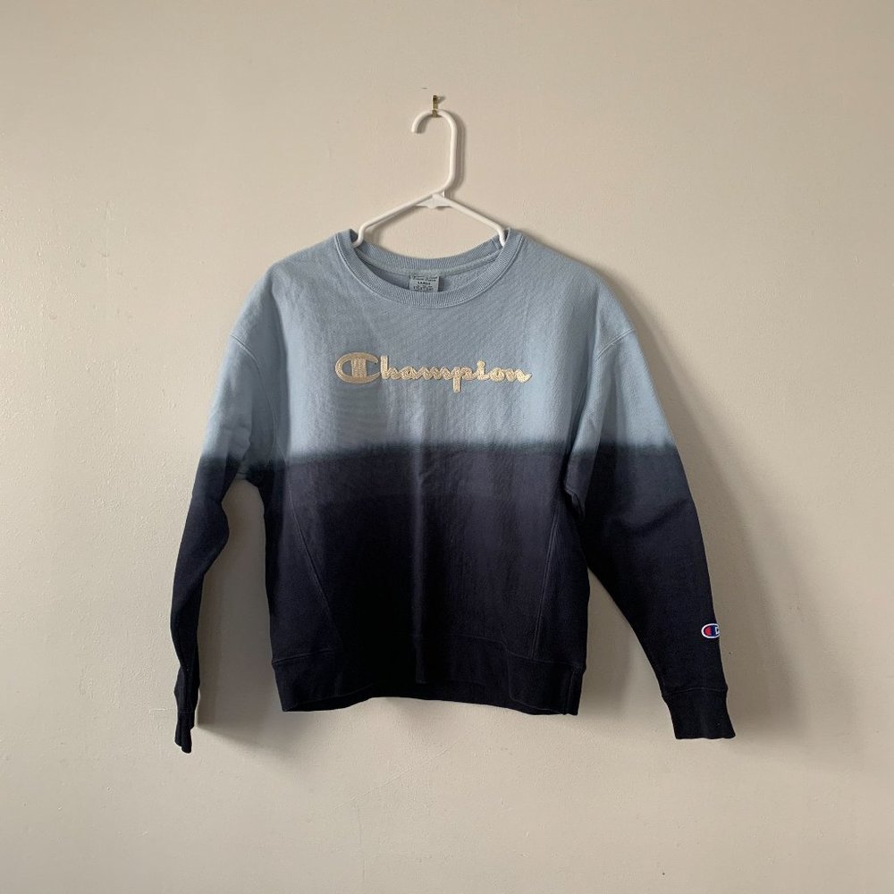 SOLD Champion Script Blue Dip Dye Script Crewneck